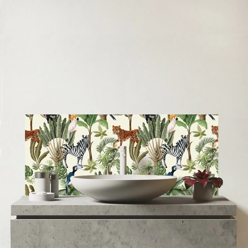 Image of Warren Reed - Designer Exotic Trees & Animals Glass Bathroom Splashback in Green Green Unisex