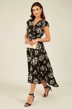 Image of Black Rose Print Dipped Hem Wrap Dress In Black