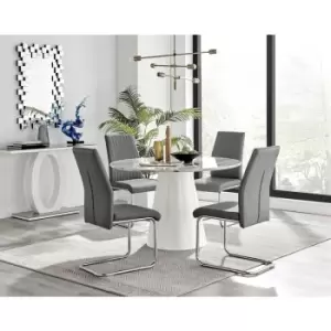 Image of Furniturebox Palma White Marble Effect 120cm Round Minimalist Dining Table & 4 Grey Lorenzo Silver Leg Faux Leather Chairs