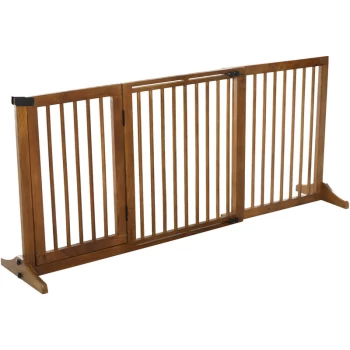 Image of Adjustable Wooden Pet Gate Freestanding Dog Barrier Fence Doorway 3 Panels Safety Gate w/ Lockable Door Brown 71H x 113-166W cm - Pawhut