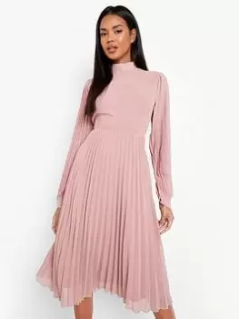 Image of Boohoo Pleated High Neck Skater Midi Dress - Rose, Pink, Size 14, Women