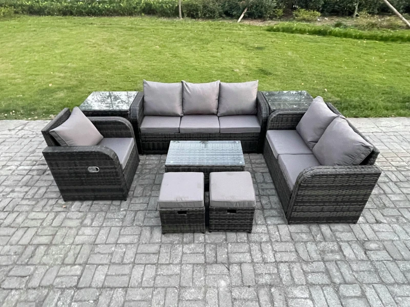 Image of Fimous Outdoor Garden Furniture Sets 8 Pieces Wicker Rattan Furniture Sofa Sets with Rectangular Coffee Table Loveseat Sofa 2 Small Footstools Dark Gr