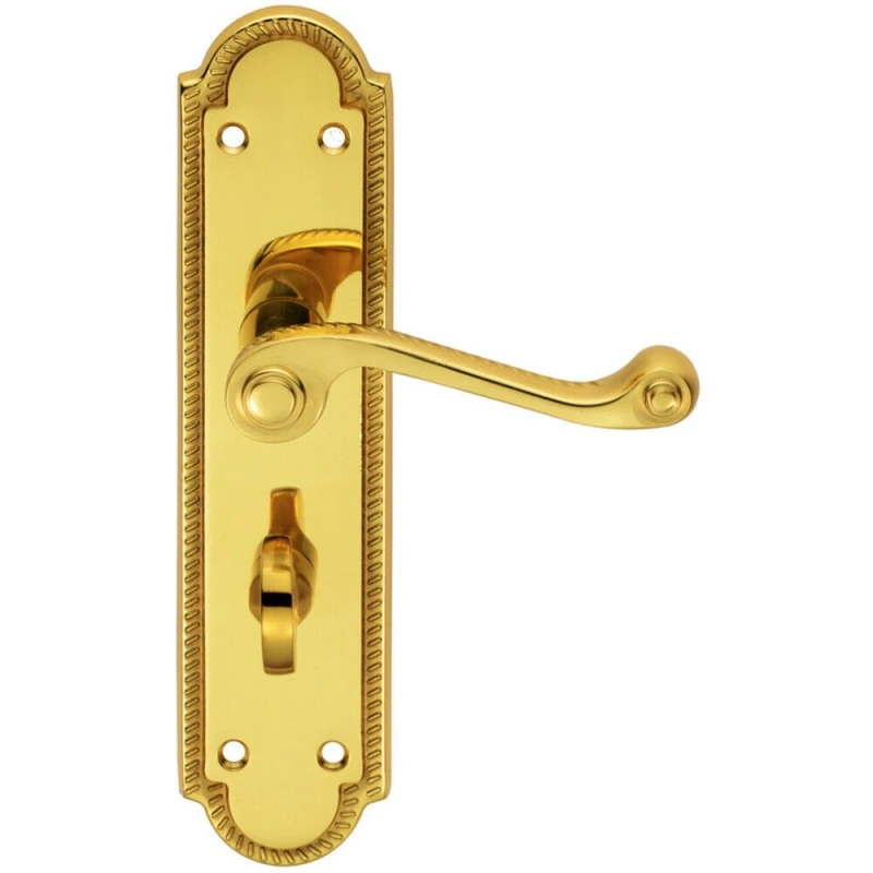 Image of Loops PAIR Reeded Scroll Lever on Shaped Bathroom Backplate 205 x 49mm Polished Brass Metallics