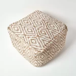 Image of Sierra Natural Diamond Pattern Hemp Circular Bean Filled Pouffe, 45cm - Natrual & White - Homescapes