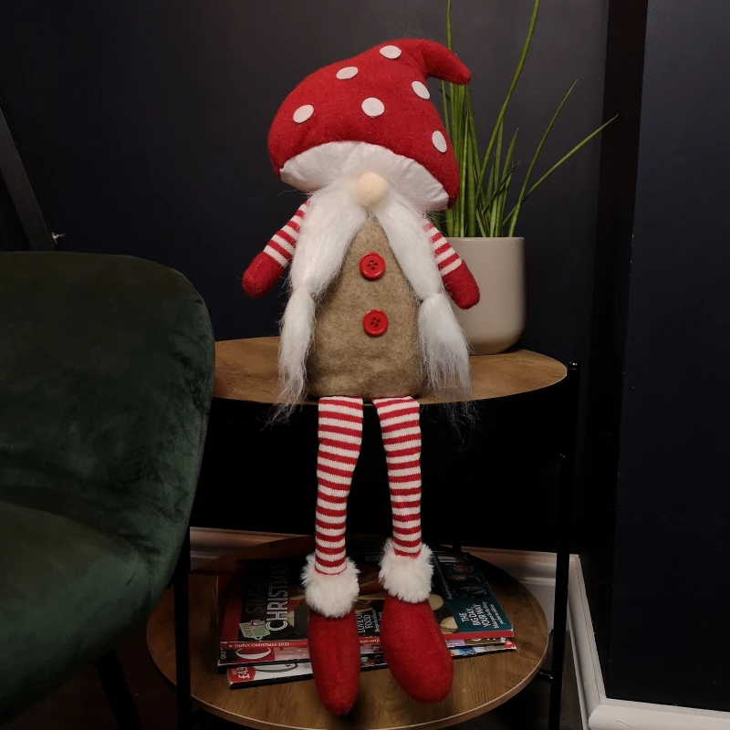 Image of 53cm Stripey Red Plush Sitting Christmas Girl Gonk with Dangly Legs and Mushroom Hat