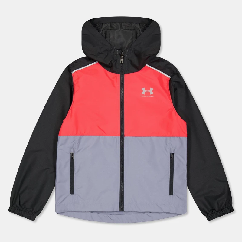 Image of Under Armour Kids Windbreaker Water-Repellent Windproof Hooded Long Sleeve Rain Anorak Black/Red male 10-11 (L)
