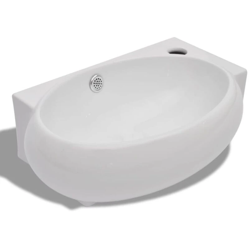 Image of vidaXL Ceramic Sink Basin Faucet & Overflow Hole Bathroom White Oval Fixture