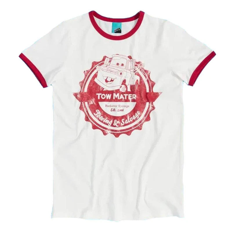 Image of Cars Mens Towing & Salvage Tow Mater Ringer T-Shirt in White Size: XL White Male XL