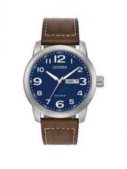 Image of Citizen Blue Daydate Dial Brown Leather Strap Mens Watch