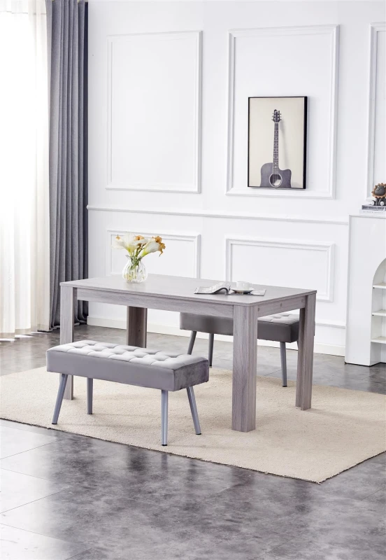 Image of KOSY KOALA KOSY KOALA Dining Table and 2 Benches 2 Grey Velvet Benches Wood Table Dining Set Furniture Grey One Size Unisex 5061055341277