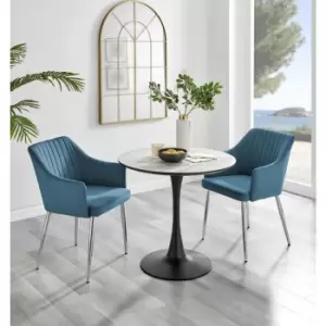 Image of Furniturebox UK - Furniturebox Elina White Marble Effect Modern 80cm Round Dining Table & 2 Blue Calla Silver Leg Velvet Chairs