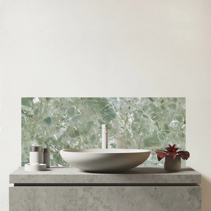 Image of Warren Reed - Designer Polished Sage Green Quartz Effect Glass Bathroom Splashback Green Unisex