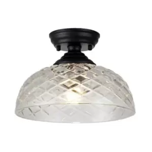 Image of Luminosa Talisa Flush Ceiling Lamp E27 With Flat Round 30cm Patterned Glass Shade Matt Black, Clear