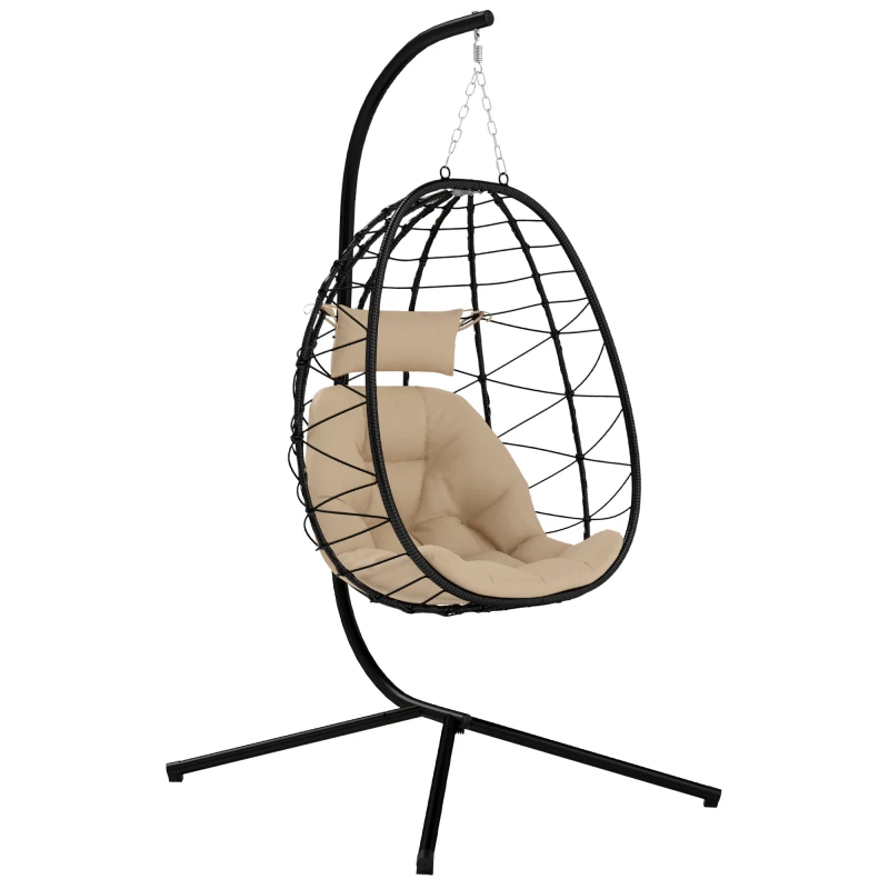 Image of Outsunny Garden Egg Chair Outdoor Hanging Swing Chair, Folding Basket, Khaki, Brown 84A-373V70KK