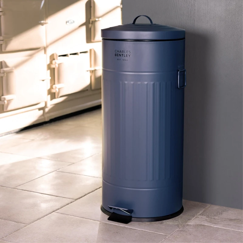 Image of 30L Round Retro Kitchen Pedal Bin Dark Blue