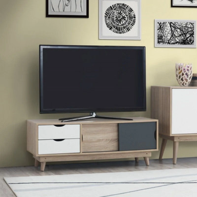 Image of Timber Art Design Alford Scandinavian TV Unit Stand 120Cm Media Cabinet + Drawers Oak Grey