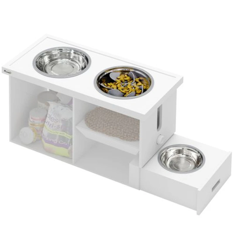 Image of PawHut Raised Dog Bowls with Slow Feeder Mat & Semi-Auto Dispenser Function White