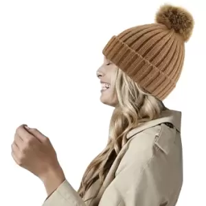 Image of Beechfield Pom Pom Faux Fur Chunky Knit Beanie (One Size) (Mustard Yellow)