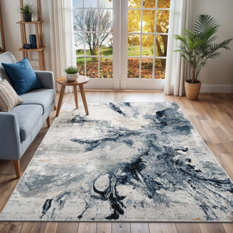 Image of Livabliss Abstract Modern Marble Dark Blue Emma Area Rug 140 X 200 Cm - Easy Care, Non Shedding, Ideal For Living Room & Bedroom