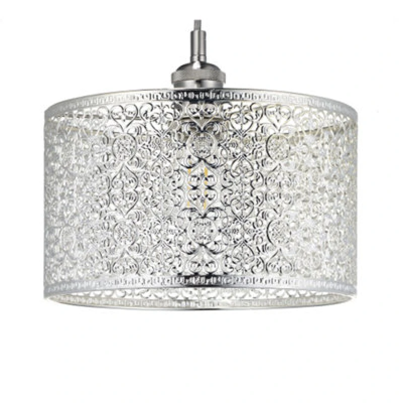 Image of Happy Homewares Ornate Moroccan Style Decorated Shiny Silver Metal Pendant Shade 25Cm X 15Cm