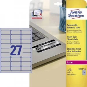 Image of Avery-Zweckform L6011-20 Labels 63.5 x 29.6mm Polyester film Silver 540 pc(s) Permanent Nameplates Laser, Copier