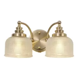 Image of Luminosa DeRuyter Switched Wall Lamp 2 Light E27 Antique Brass, Prismatic Glass