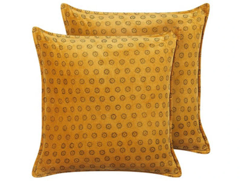 Image of Beliani Set Of 2 Decorative Cushions Rapis Velvet 45 X 45cm Yellow Geometric Pattern
