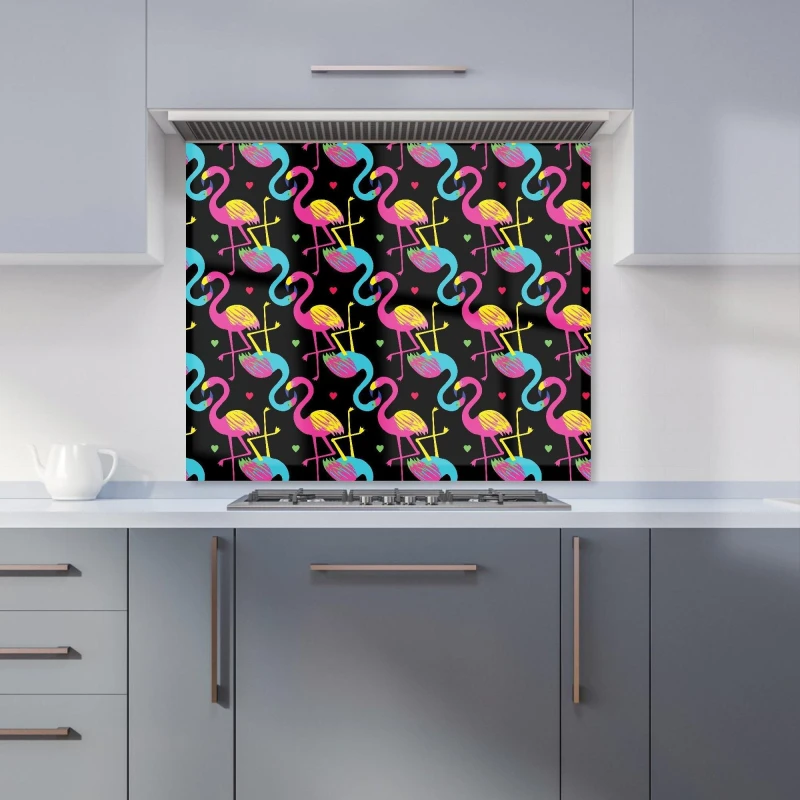Image of Warren Reed - Designer Vivid Flamingo Pattern Kitchen Splashback in Black Size: 600mm x 600mm Black Unisex 600mm x 600mm