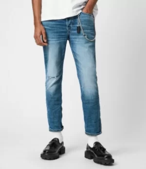 Image of AllSaints Mens Dean Damaged Cropped Slim Jeans, Light Indigo, Size: 32