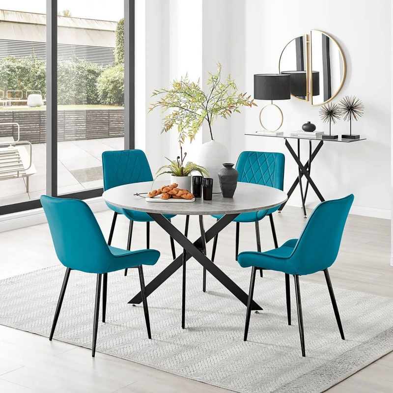 Image of FurnitureboxUK FurnitureboxUK Novara Grey Concrete Effect Black Leg 120cm Round Dining Table & 4 Pesaro Black Leg Chairs in Blue Blue One Size Unisex