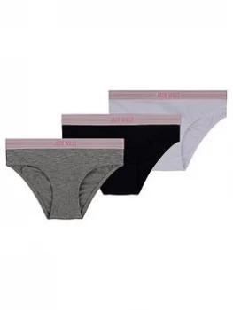 Image of Jack Wills Girls 3 Pack Boxed Hipster Briefs - Grey/Black/White, Multi, Size Age: 10-11 Years, Women