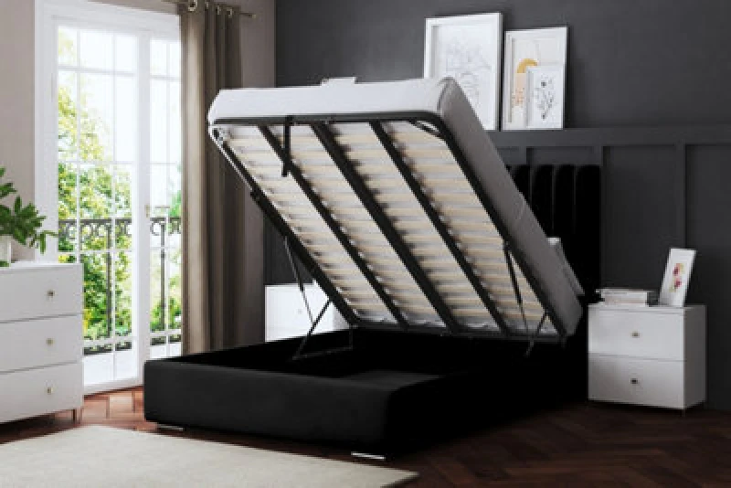Image of DS LIVING Evangeline Black Upholstered Panel Bed With Ottoman Metal Gas Lift Double AM_TUBESOB_DBL_BLA