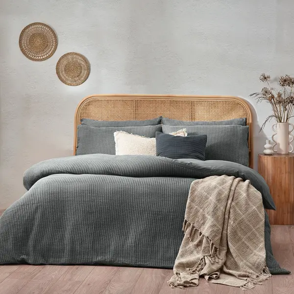 Image of Yard Chunky Waffle Dusk Duvet Cover and Pillowcase Set Blue