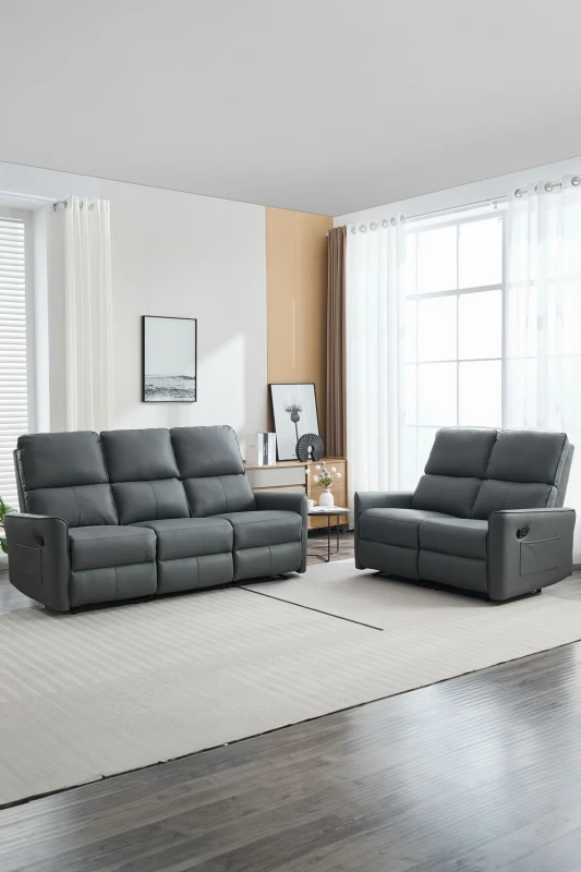 Image of More4Homes Madrid 2+3 Seater Manual Air Leather Recliner Sofa Set Grey
