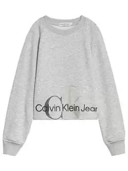 Image of Calvin Klein Jeans Girls Mixed Monogram Cut Off Sweatshirt - Light Grey, Light Grey, Size Age: 8 Years, Women