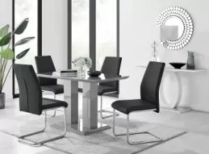 Image of Imperia Grey High Gloss 4 Seater Dining Table with Structural 2 Plinth Column Legs 4 Soft Faux Leather Lorenzo Chairs