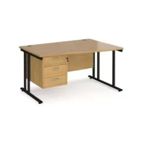 Image of Office Desk Right Hand Wave Desk 1400mm With Pedestal Oak Top With Black Frame Maestro 25 MC14WRP3KO