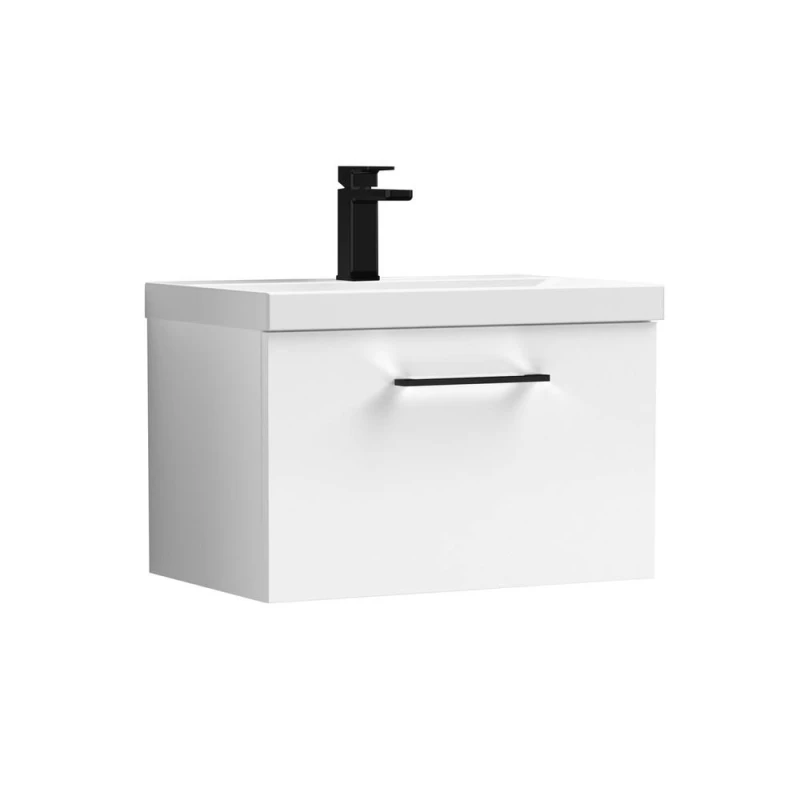 Image of Balterley 600mm Wall Hung 1 Drawer Vanity Basin Unit, Gloss White, Black Handle in White White Unisex