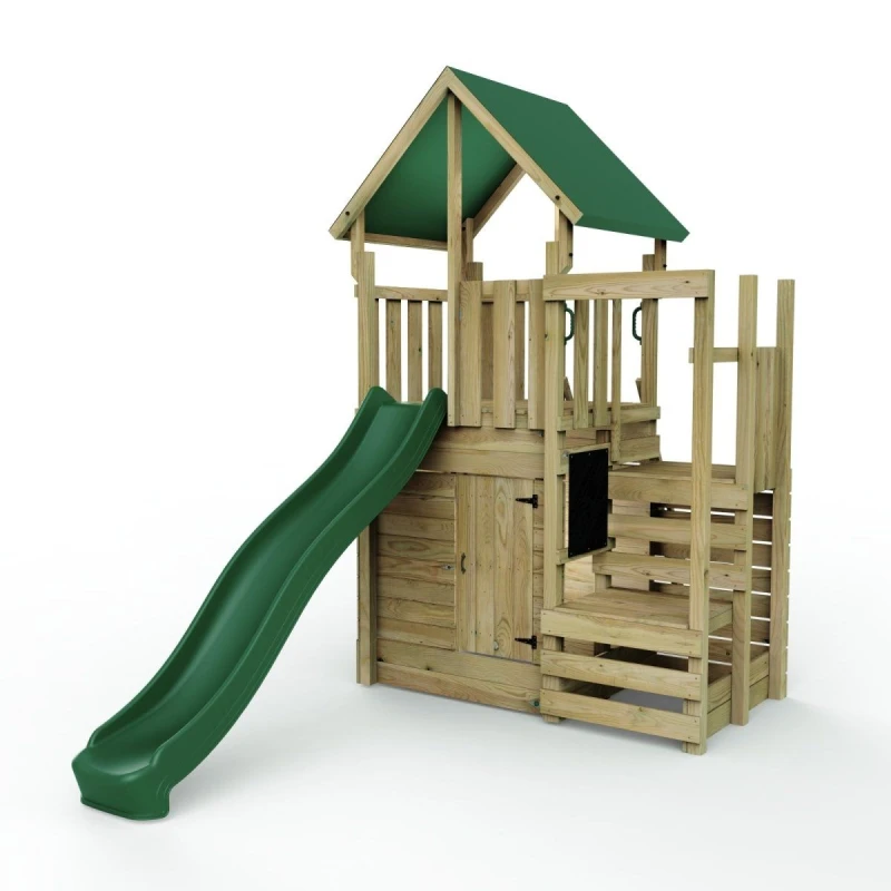 Image of Rebo Wooden Climbing Frame Play Tower and Slide - M11 Stepup Den Brown