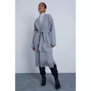 Image of I Saw It First Grey Wool Belted Fringe Hem Coat - Grey