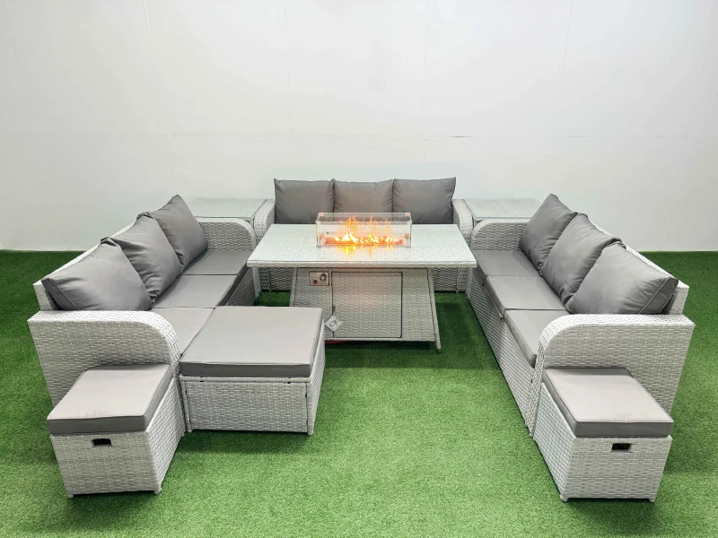 Image of Fimous PE Rattan Lounge Sofa Set 12 Seater Outdoor Garden Furniture Set with Firepit Dining Table 3 Seater Sofa 3 Stools 2 Side Table Light Grey Light