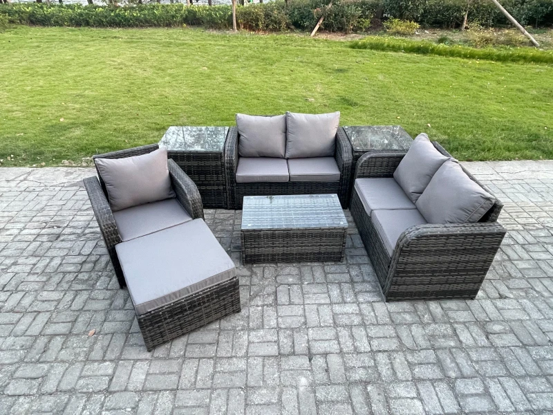 Image of Fimous High Back Rattan Garden Furniture Set with Loveseat Sofa Rectangular Coffee Table 2 Side Tables Big Footstool Indoor Outdoor Patio Lounge Sofa
