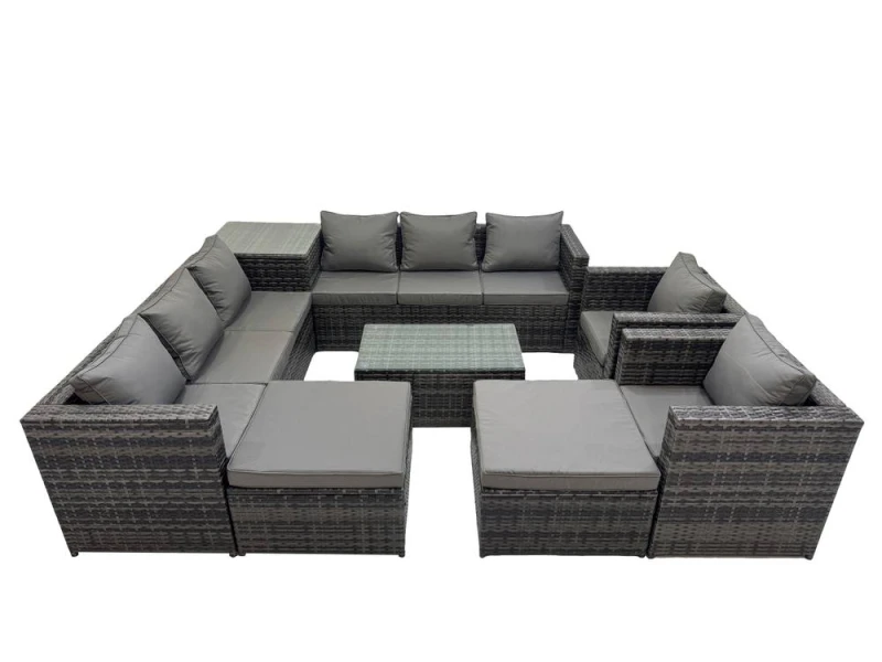 Image of Fimous 10 Seater Garden Outdoor Rattan Furniture Set & 2 Big Stools in Dark Grey Dark Grey Unisex
