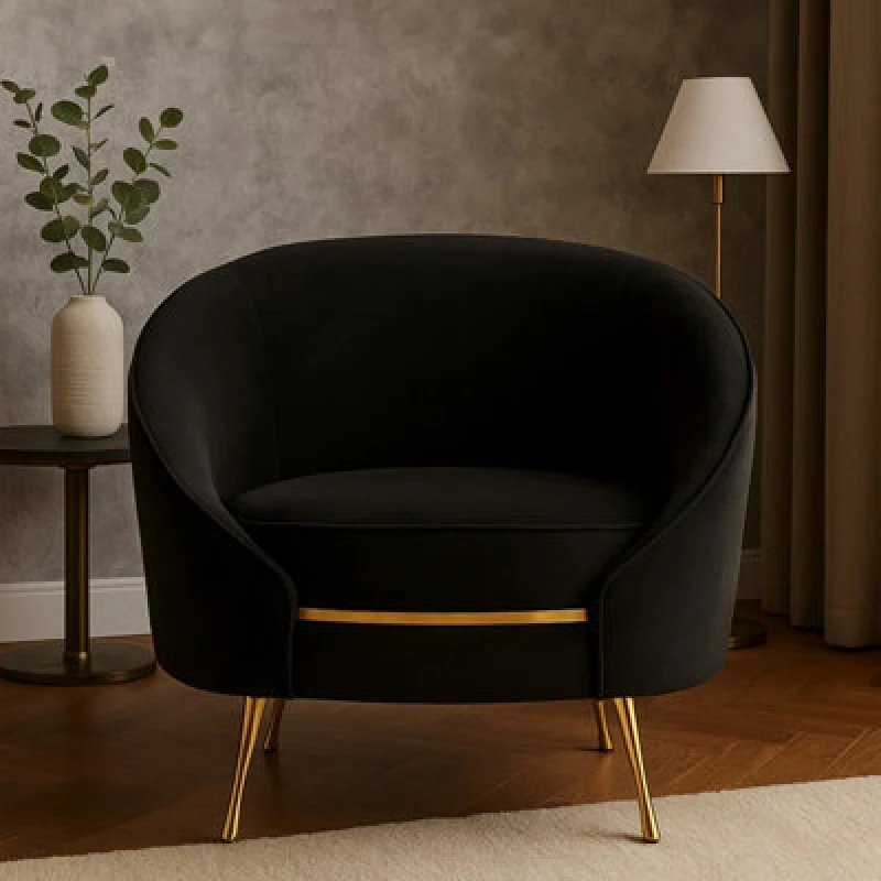 Image of Orsina Black Velvet Armchair With Gold Finish Stainless Steel Legs, Luxe Curved Barrel Design Accent Chair