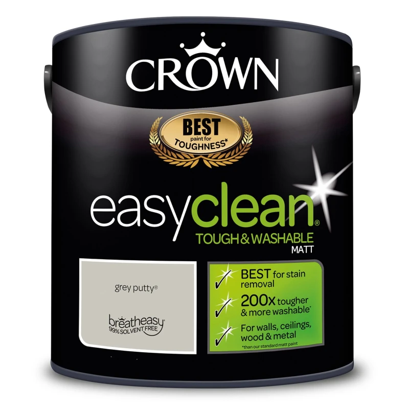 Image of Crown Easyclean Matt Emulsion Paint, 2.5L, Grey Putty