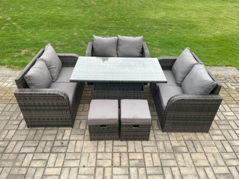 Image of Fimous Rattan Garden Outdoor Furniture 3 PC Love Sofa Set Patio Adjustable Rising lifting Dining Table With 2 Small Footstools Dark Grey