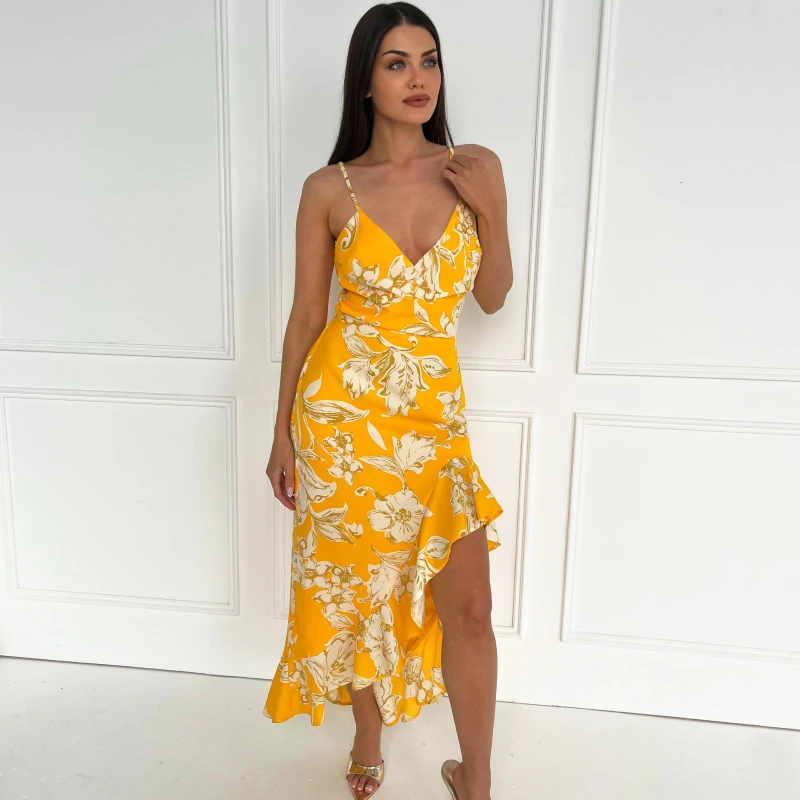 Image of AX Paris Floral Strappy High Low Frill Hem Midi Dress Yellow female