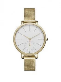 Image of Skagen White Dial Gold Stainless Steel Mesh Strap Ladies Watch