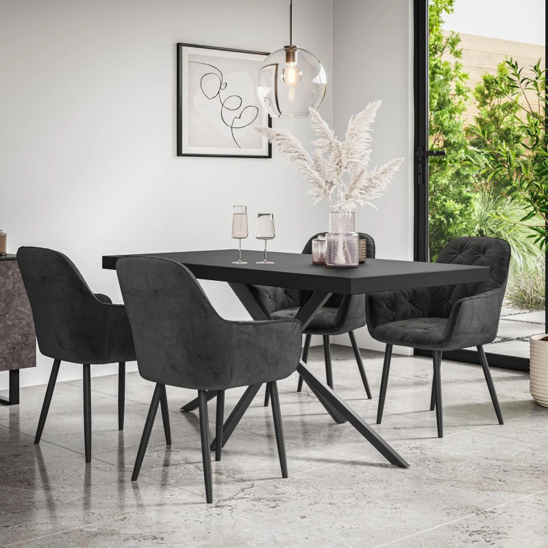 Image of More4Homes Donni Dining Table And Chairs - Black Table Top W Black Legs + Anika Velvet Dining Chair Set Of 4 (Black)