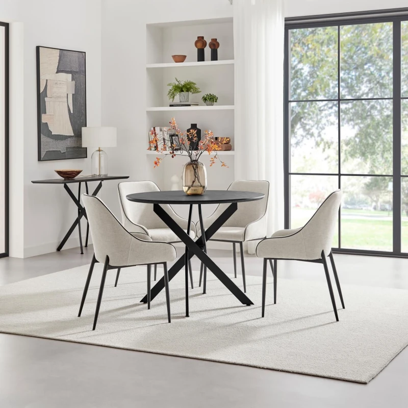 Image of FurnitureboxUK FurnitureboxUK Novara 100cm Black Top Round Dining Table & 4 Cream Beaumont Chairs Black One Size Unisex 5056784315217